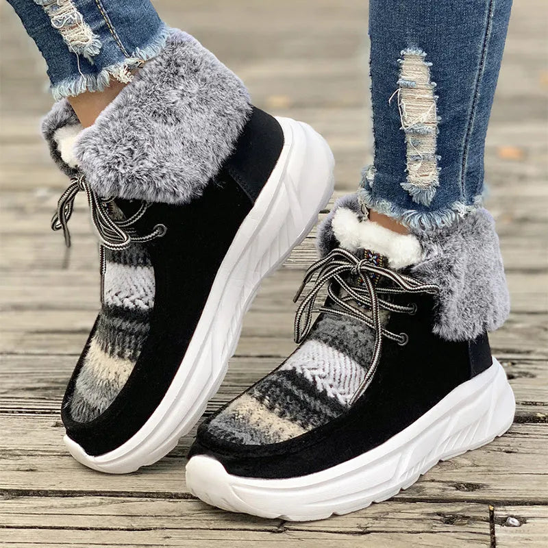 Women's beige lace-up snow boots with suede upper and thick rubber sole
