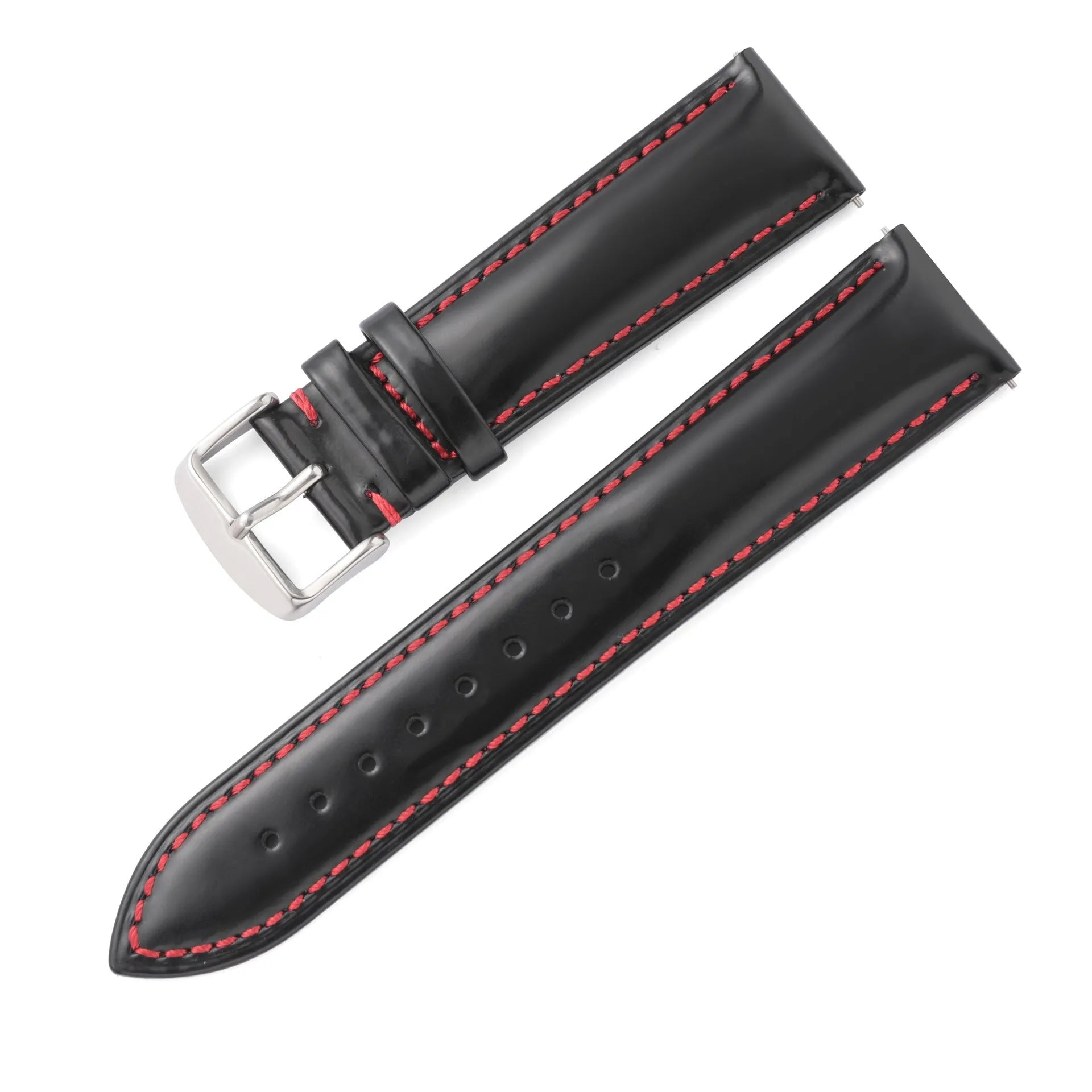 Quick release leather watch strap in bright cowhide, shown in various colours and widths on a watch