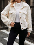 Ivory white women's plush button cardigan coat with regular long sleeves
