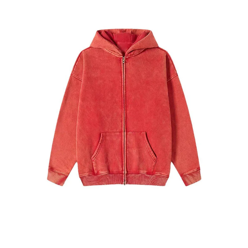 Men's washed black hooded cardigan with double zipper and fleece lining in vintage cotton style
