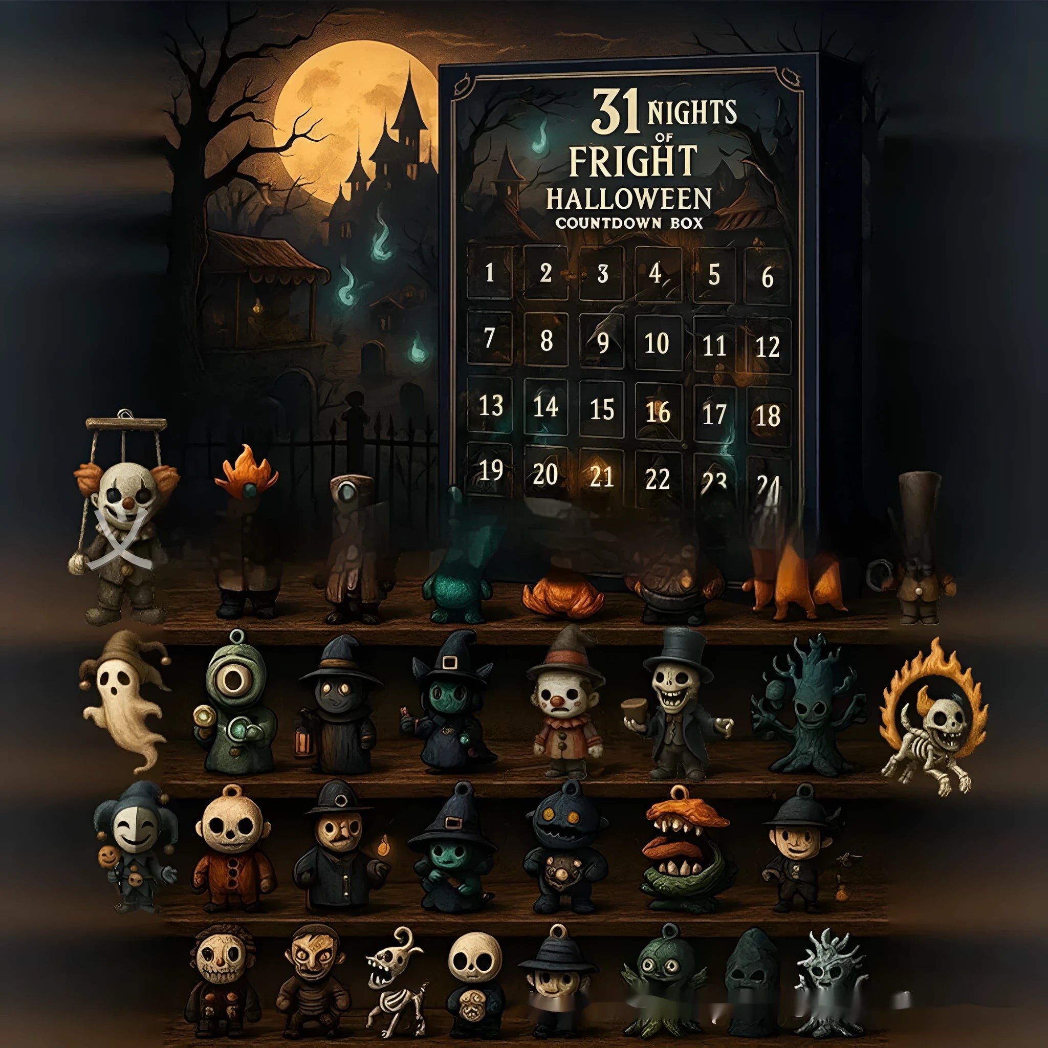 Halloween countdown advent calendar box with numbered doors containing horror-themed resin miniatures