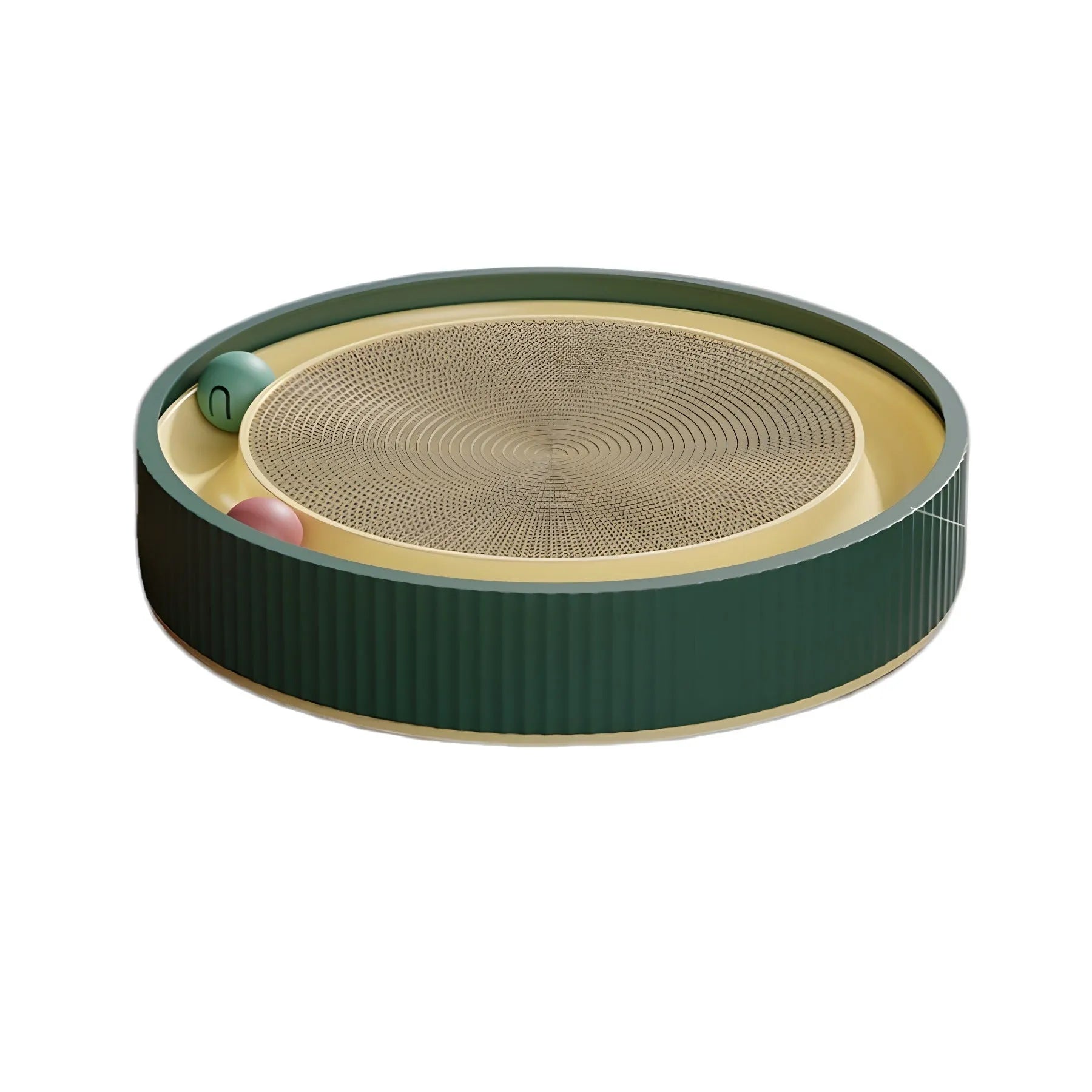 Large circular cat scratching board with bell toys and replaceable cardboard core