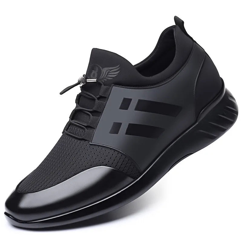 Men's black height increasing casual sneakers with chunky sole, shown in leather and mesh upper options.