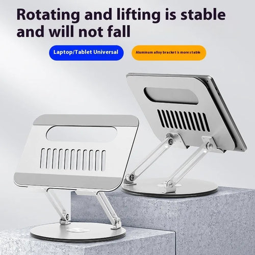 Silver aluminium alloy laptop stand with adjustable height and rotatable design on wooden desk
