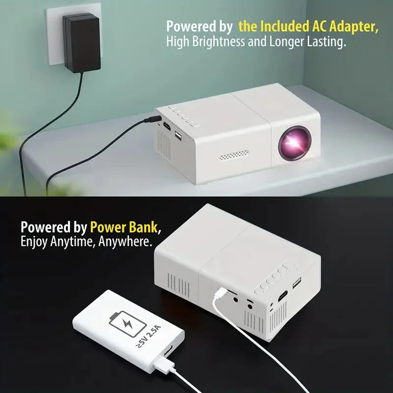 M100 Mini Home LED Projector in black or white, showing remote control and cables.