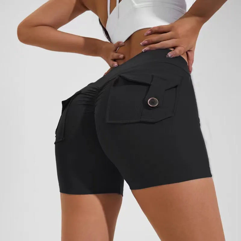 Women's high-waisted fitness shorts with pockets in various solid colours