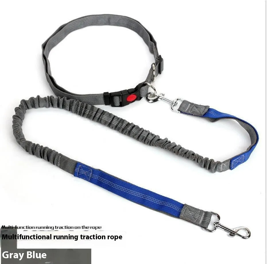 Grey and green reflective dog leash with elastic section shown on a table.