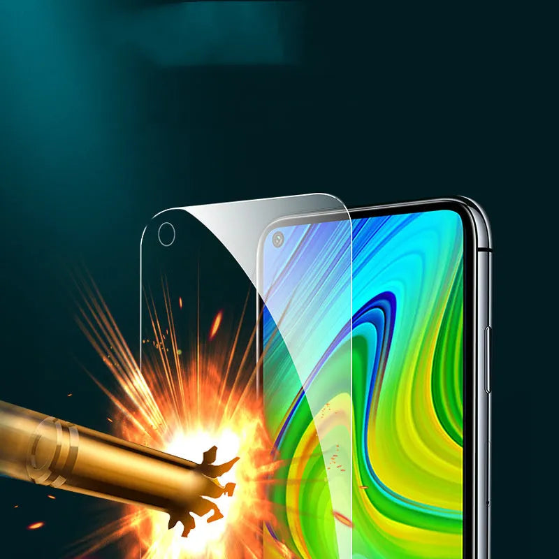 Tempered glass screen protector for Xiaomi and Redmi mobile phones on a white background.