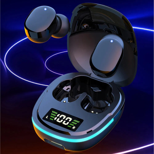Black true wireless Bluetooth earbuds with charging case and ear tips