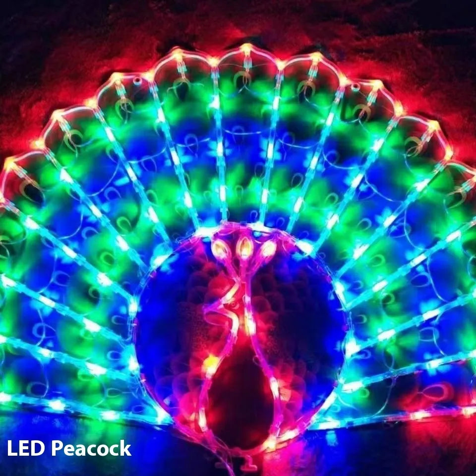 Outdoor Christmas decorative string lights with IP44 rating showing peacock lamp, love heart, sunflower, and five-pointed star light shapes