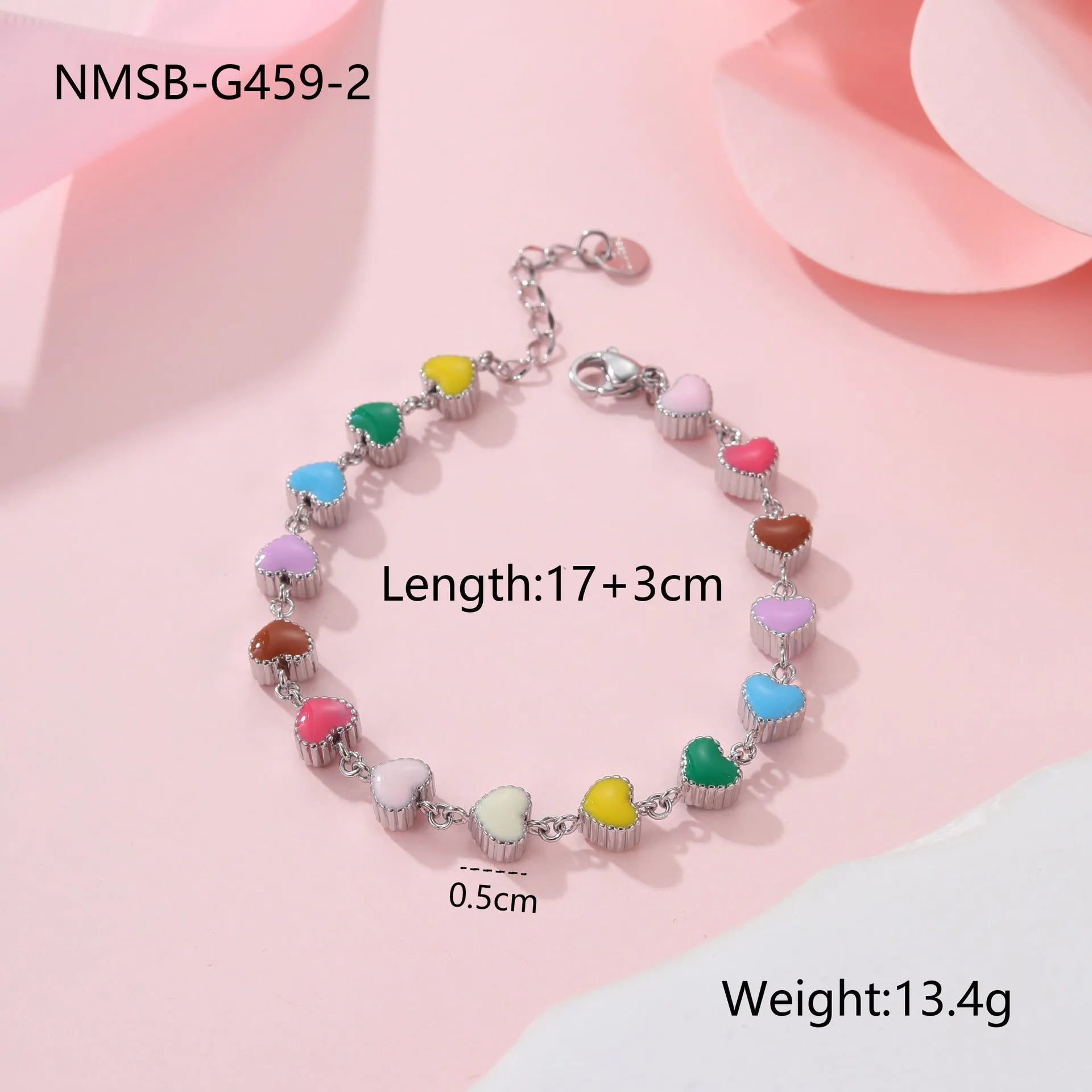 Heart-shaped stainless steel bracelet with colourful oil pattern in gold or steel finish