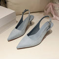 Women's pointed stiletto high heel shoes in suede, showing apricot, pink, blue, and yellow colour options.