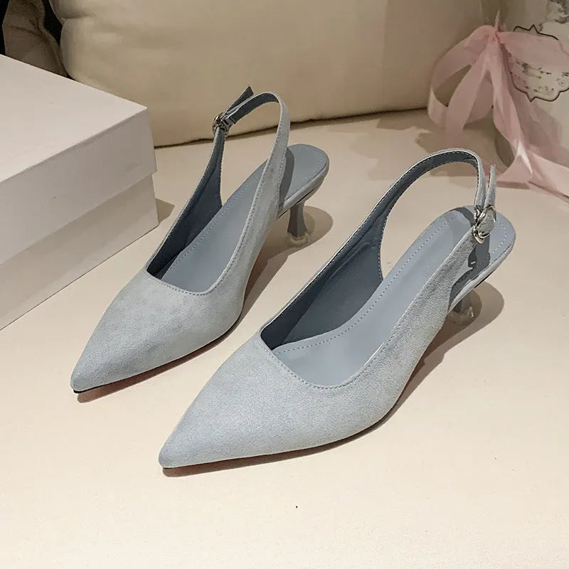 Women's pointed stiletto high heel shoes in suede, showing apricot, pink, blue, and yellow colour options.