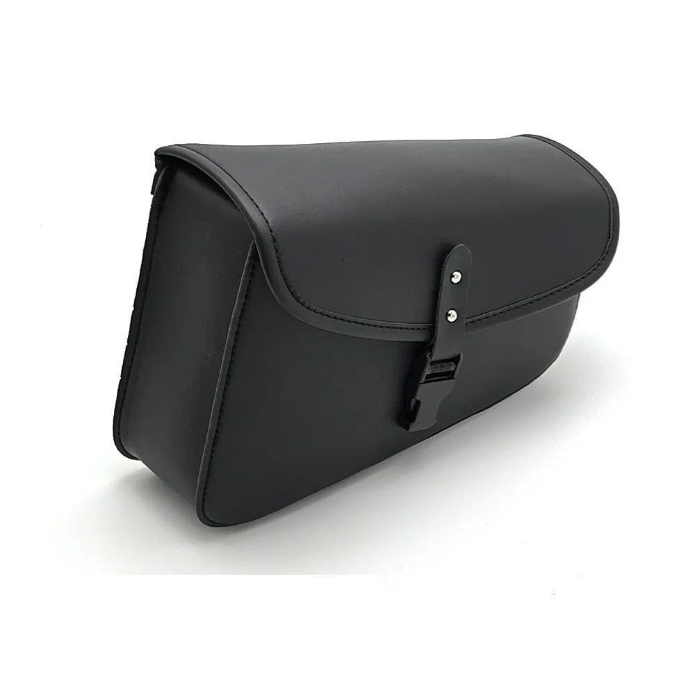 Black PU leather motorcycle swingarm saddlebag mounted on Sportster side showing 30x24x20cm dimensions