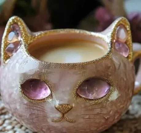 Purple geode mug with crystal pattern and cat design measuring 11cm tall