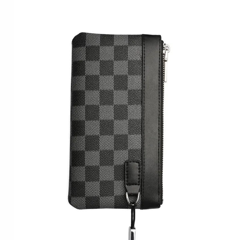 Black men's cowhide leather clutch wallet showing plaid design and 20 x 10 cm dimensions