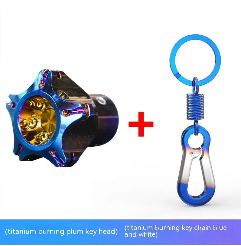 Motorcycle key modification accessories showing hexagonal, pentagram and plum blossom designs in blue and white