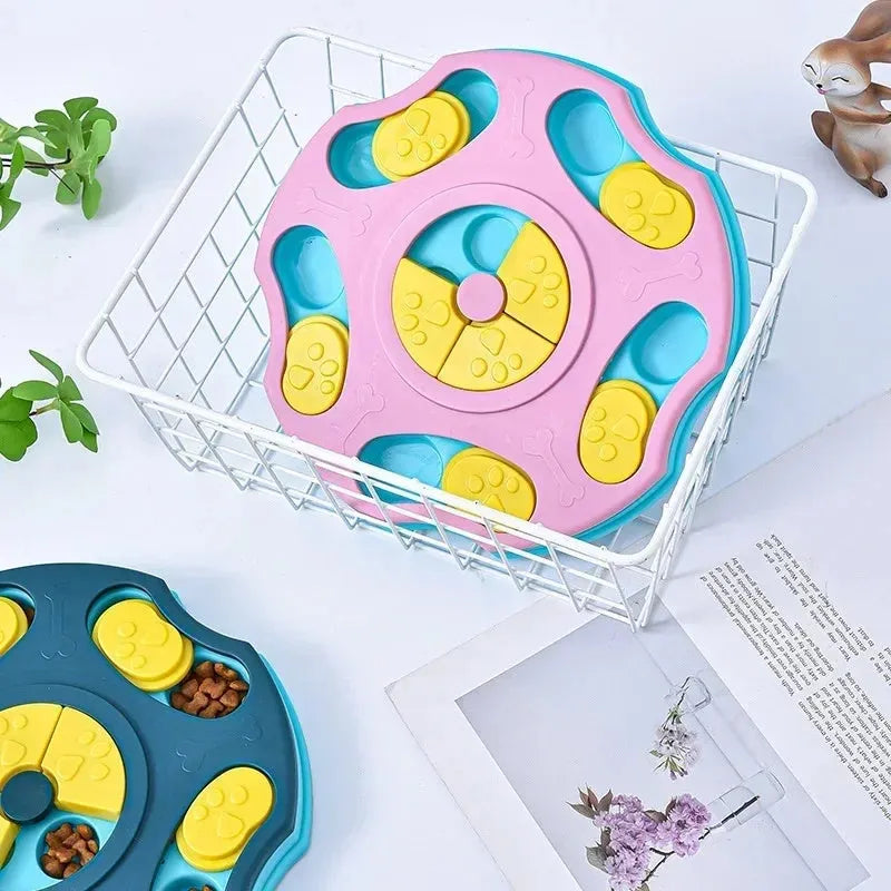 Blue and pink dog puzzle feeder toy for aggressive chewers with food bowl and interactive game design