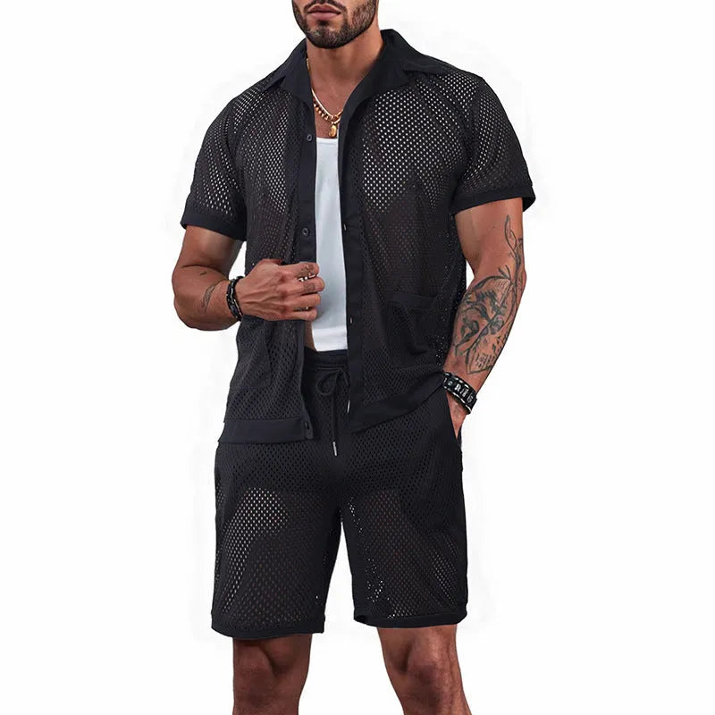 Women's thin polyester beach shorts suit with a see-through cardigan and matching shorts in lake blue.