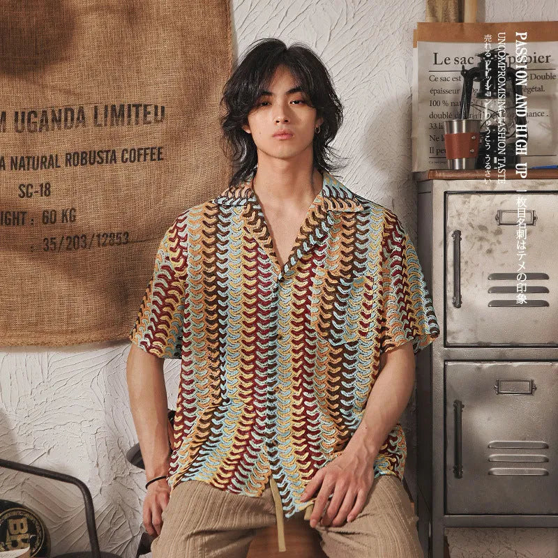 Japanese style Cuban collar short sleeve shirt in grey or red for plus size men
