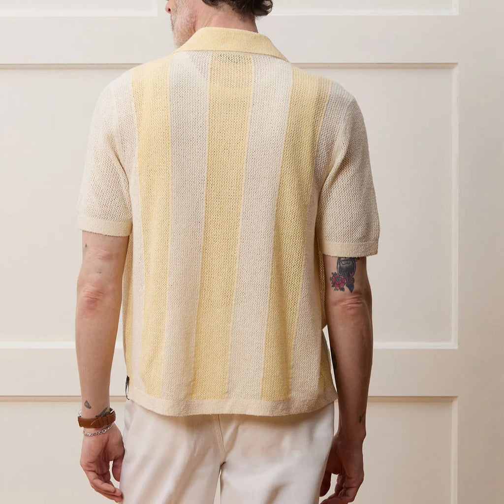 Yellow casual polo shirt with hollow-out design and asymmetric hem, short sleeves, Tencel fabric