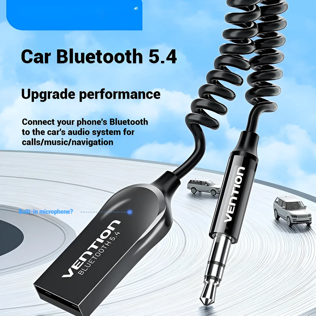NAI USB car Bluetooth audio receiver with zinc alloy USB plug, copper 3.5mm jack, and PU-covered spring wire.