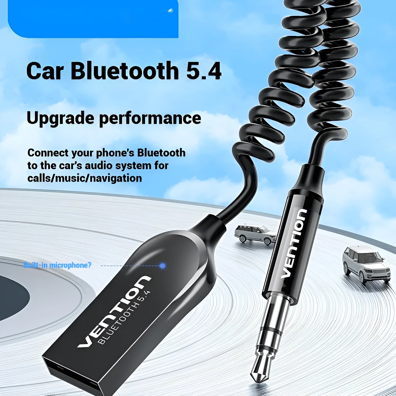 NAI USB car Bluetooth audio receiver with zinc alloy USB plug, copper 3.5mm jack, and PU-covered spring wire.