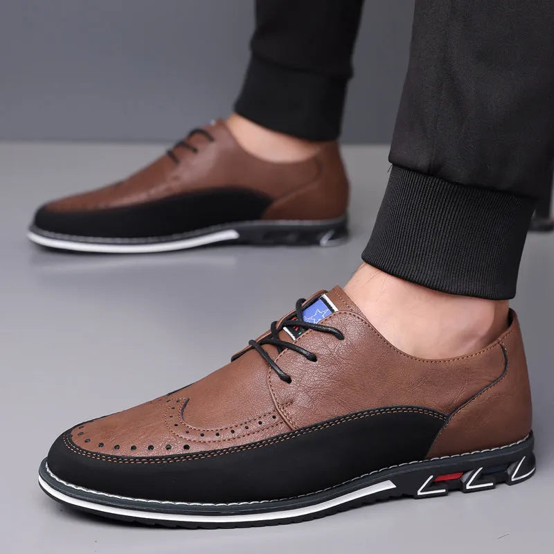 Men's leather casual shoes with rubber sole and low-top design