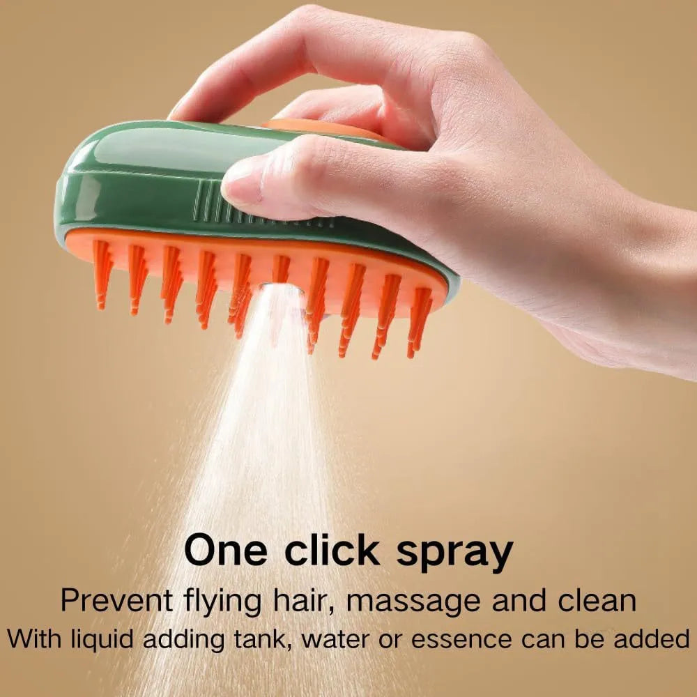 Green and white cat steam brush with water reservoir and silicone grooming teeth
