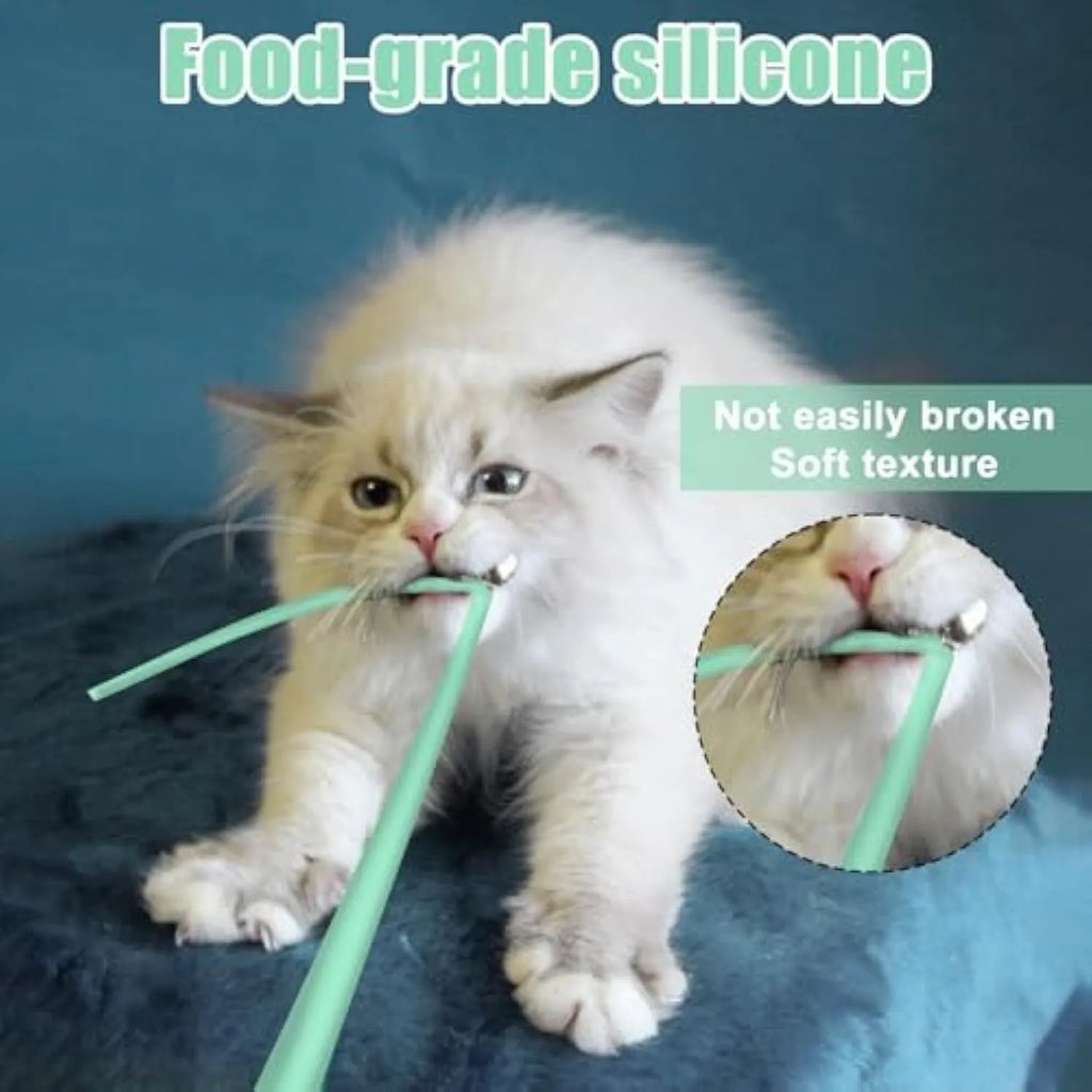 Electronic cat wand toy with swinging silicone tails on green background