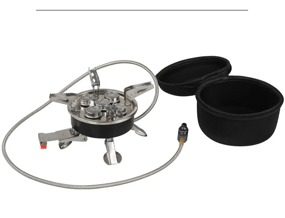 Silver foldable stainless steel split camping stove with a hose, shown with dimensions 155mm by 125mm.