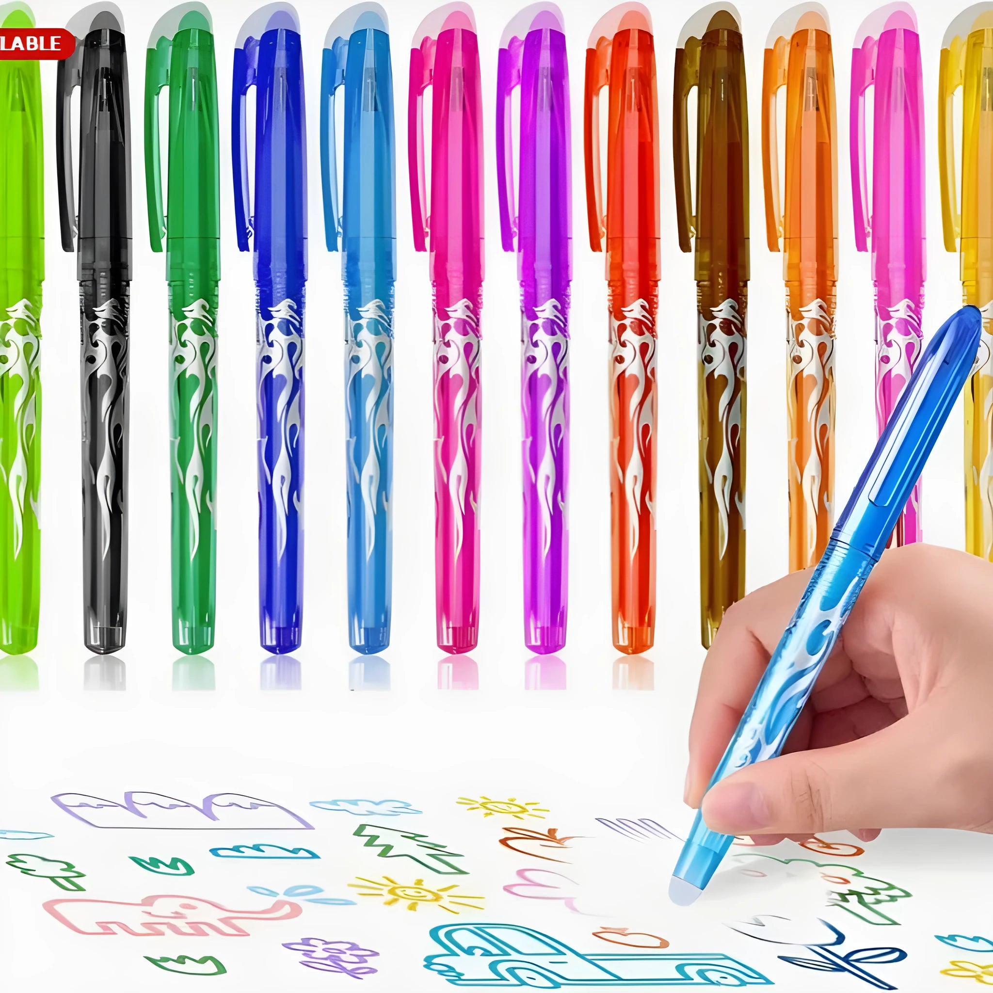 Heat-erasable gel pen set with plastic barrels and stainless steel nibs in multiple colours