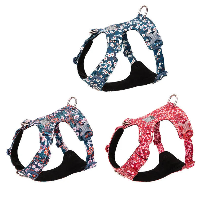 Floral pattern cotton dog harness with chest pull-resistant strap in blue, green, or red colour options