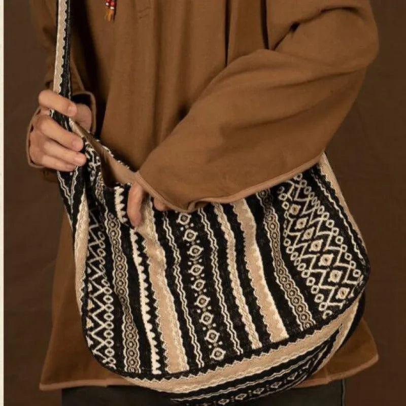 Corduroy messenger bag with jacquard striped vintage design and adjustable plaid shoulder strap