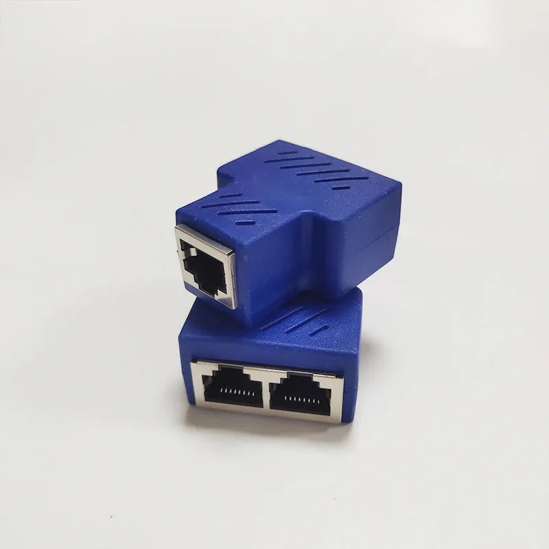RJ45 network cable splitter adapter showing one input and three output ports in multiple colour options