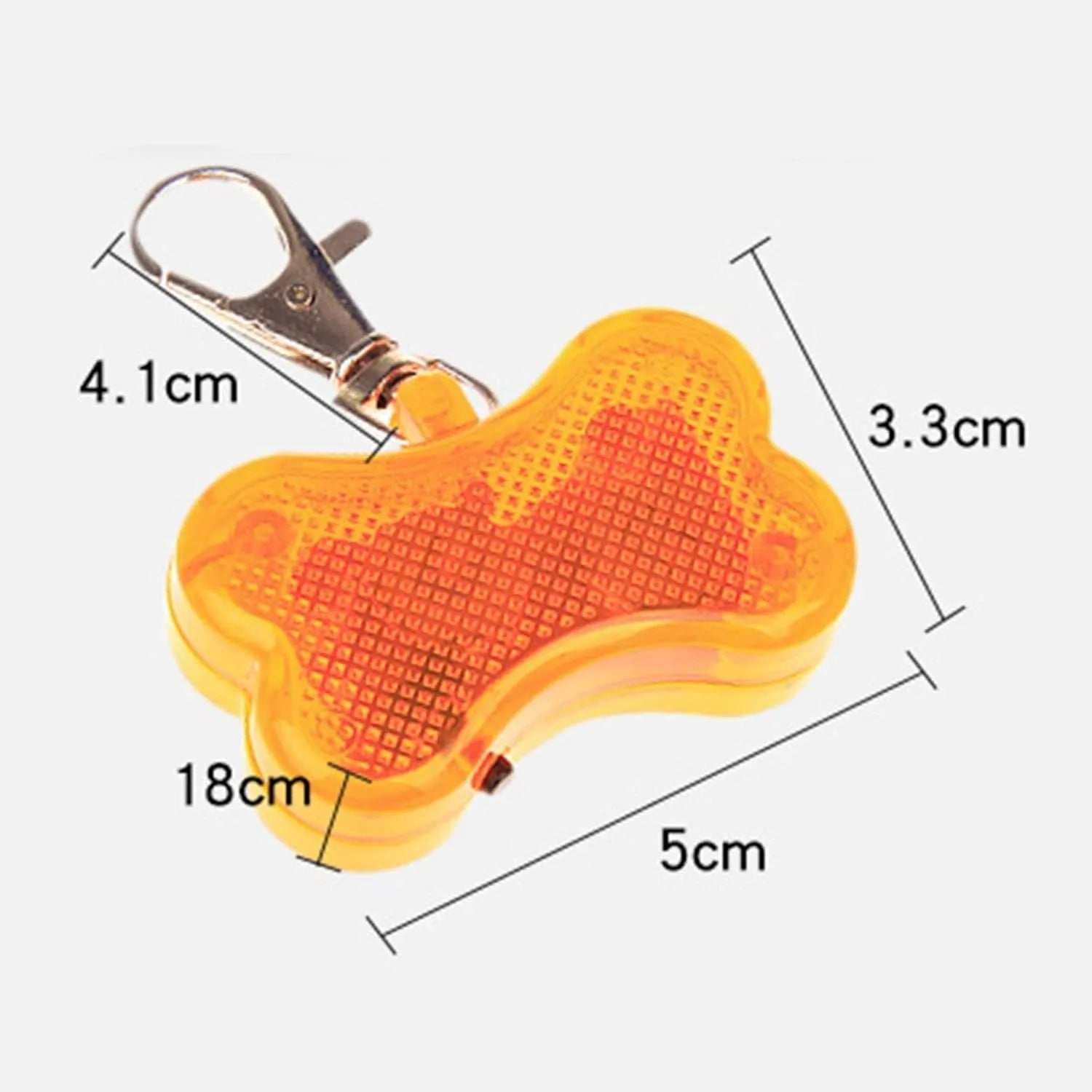 Blue bone-shaped LED pet pendant showing dimensions and attachment loop for collars
