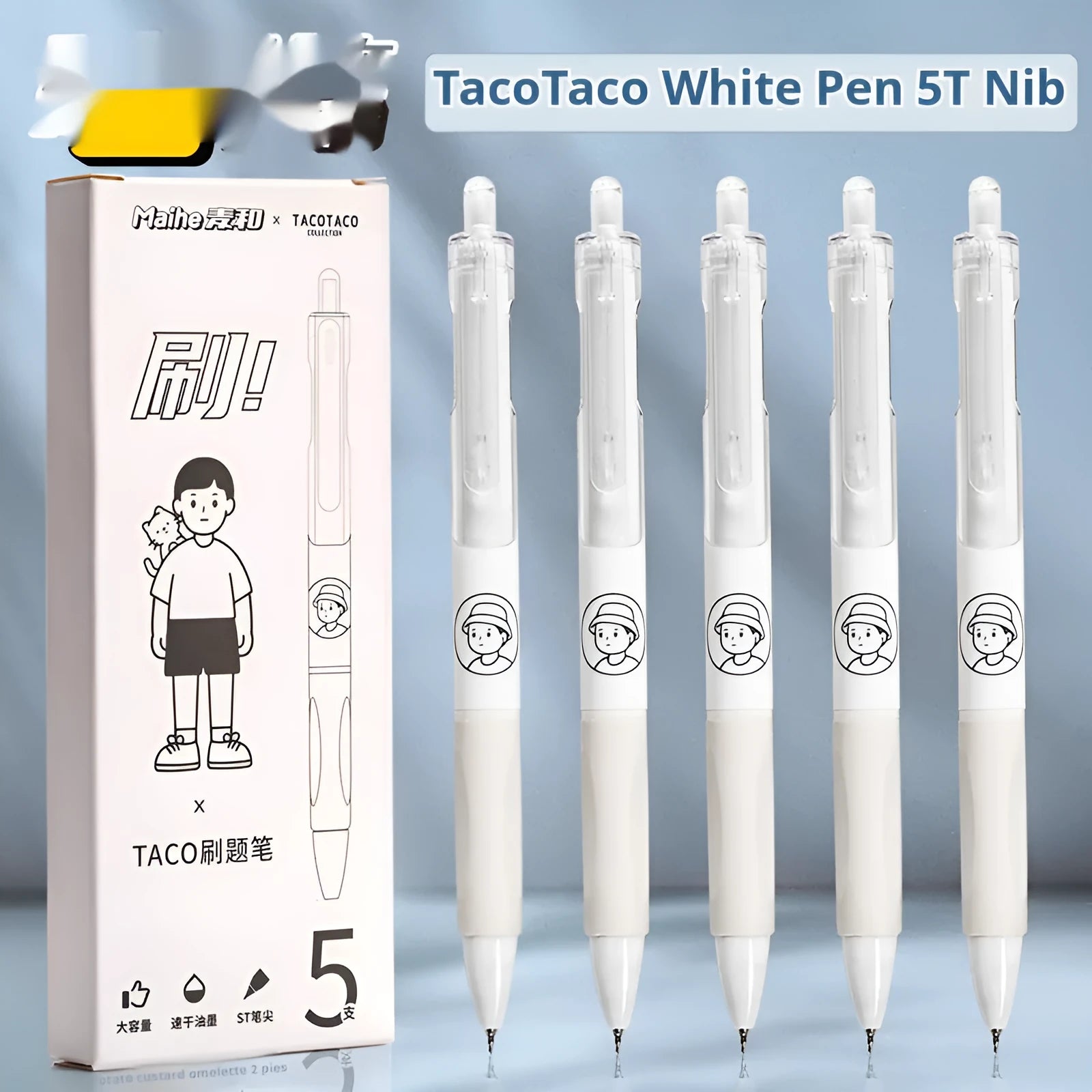 Five white and black plastic ballpoint pens with 0.5mm tips for writing
