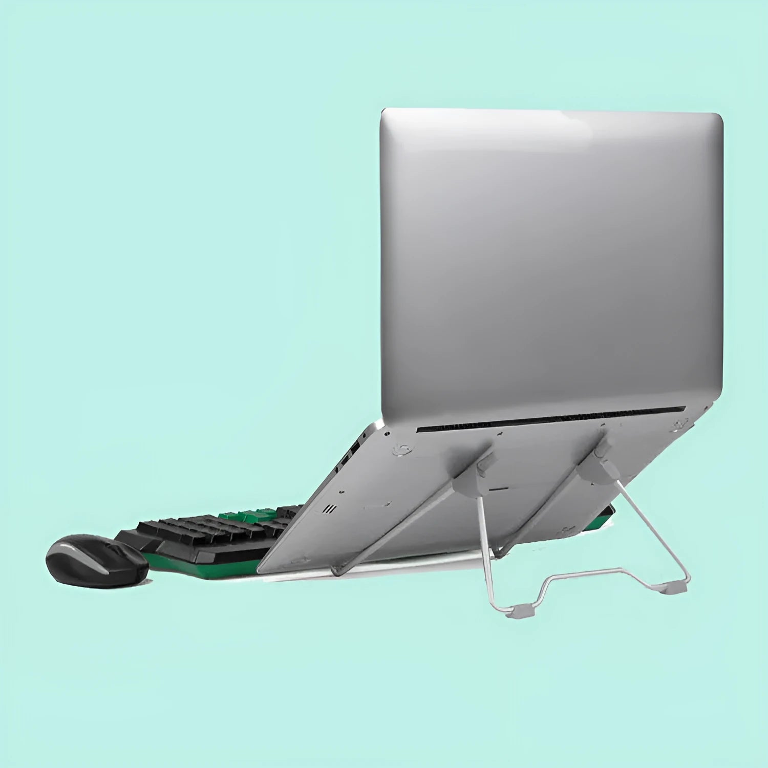 Grey aluminium alloy mobile phone and laptop stand with adjustable height and angle mechanism.