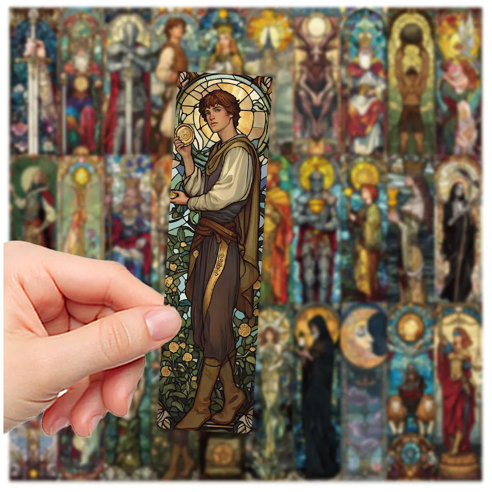 Pack of 30 tarot-themed paper bookmarks with painted glass style artwork.