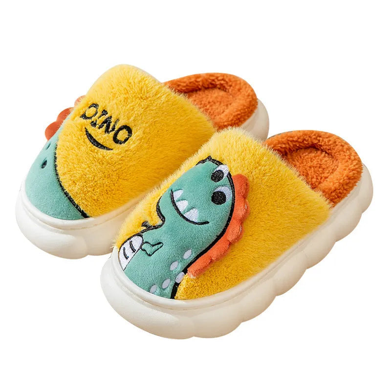 A pair of plush cotton dinosaur-themed couple slippers for indoor use.