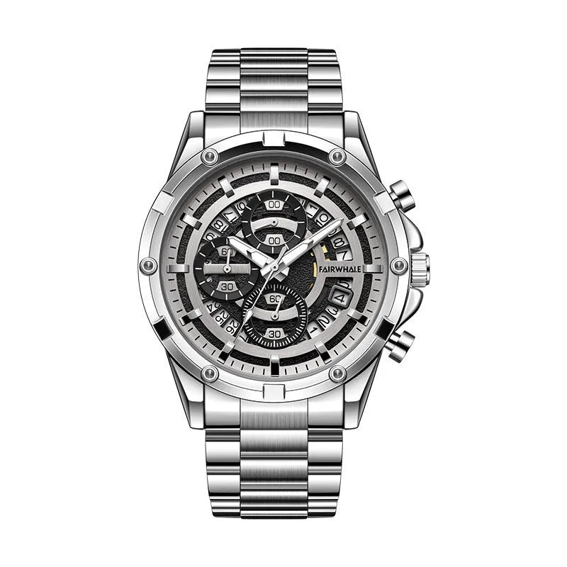 Men's waterproof luminous quartz watch with stainless steel belt in black and blue colour option