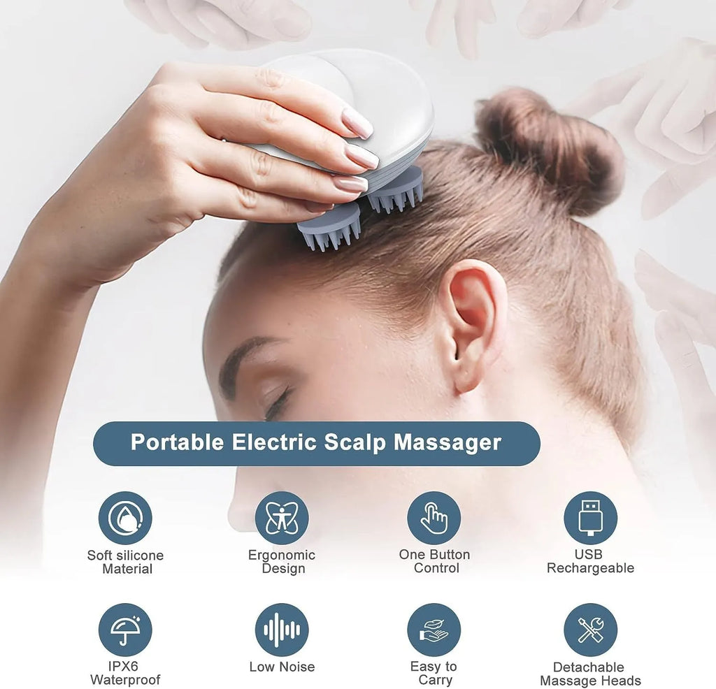 Blue handheld electric pet massager with four rotating silicone heads on a white background.