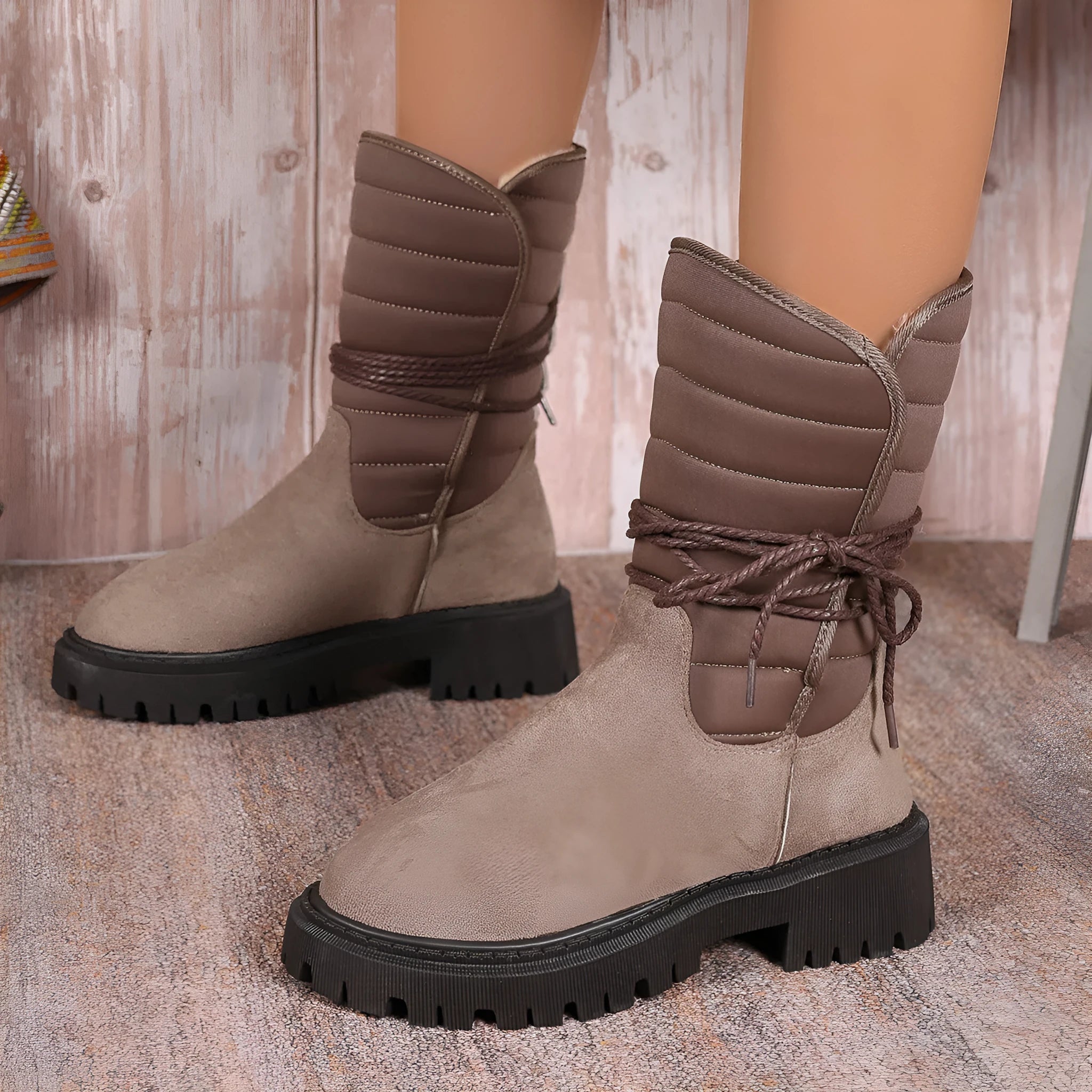 Women's black suede chunky heel snow boots with lace-up front and fleece lining.