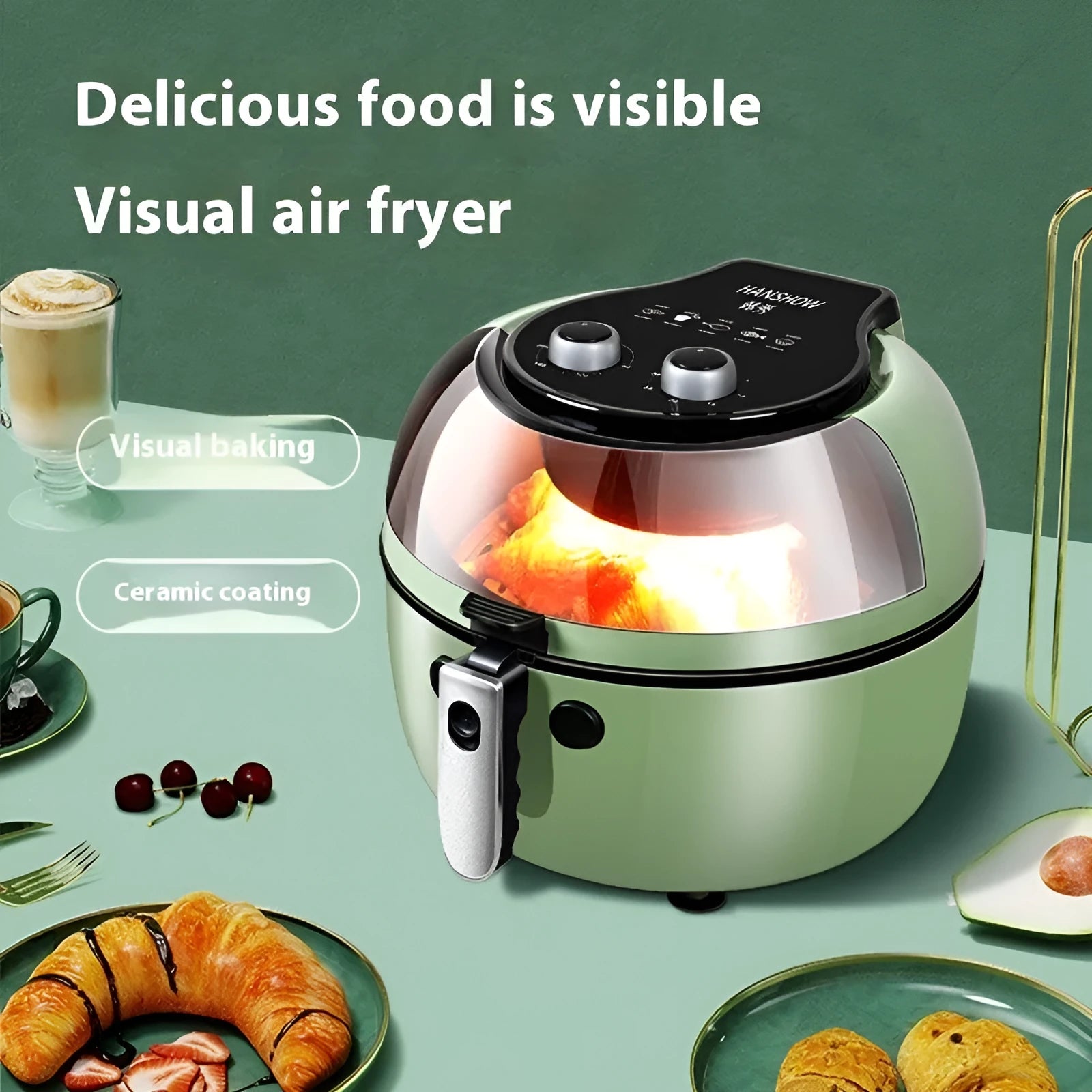8 litre air fryer oven with mechanical button controls and ceramic-coated interior