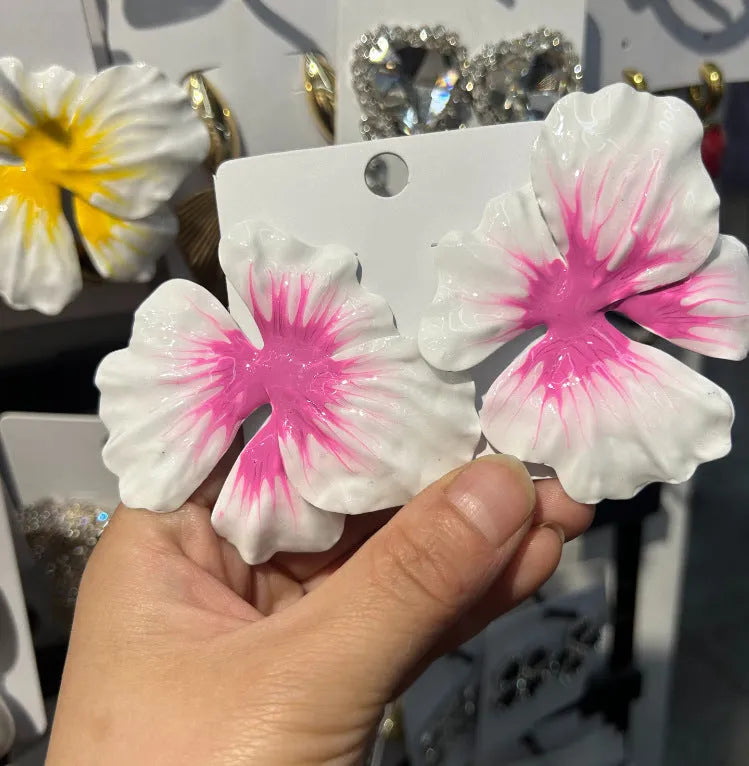 Pastoral style alloy flower stud earrings with oil-spot glaze finish in blue, green, purple, or rose colours
