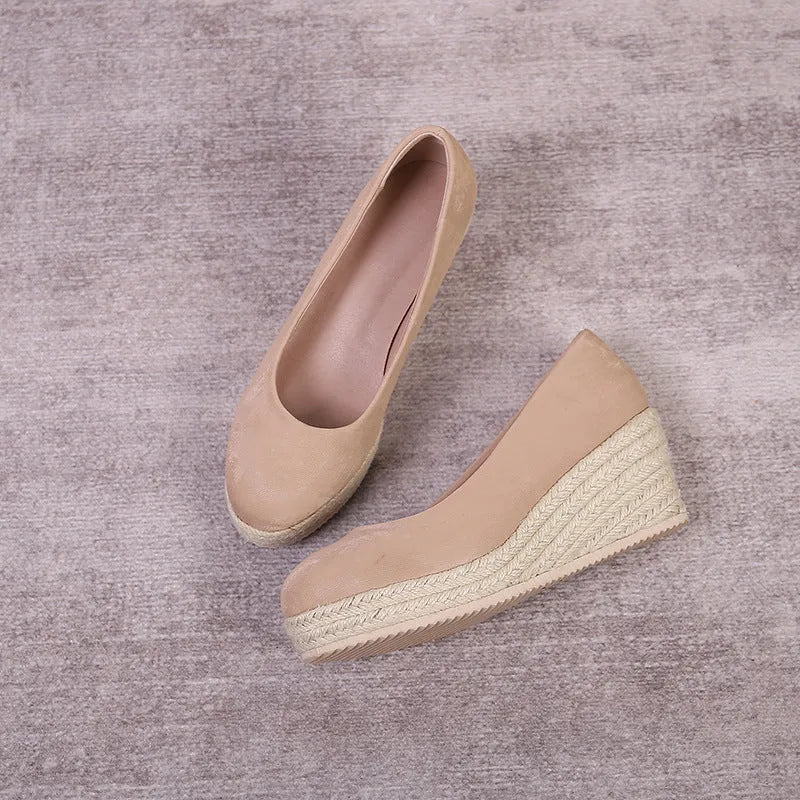 Women's apricot wedge high heel pumps with shallow mouth, rope detail, and thick sole.