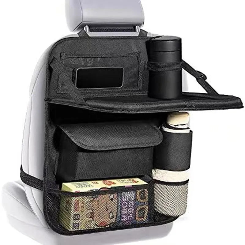 Black oxford cloth car seat back storage organiser with hanging straps, 42x30cm size