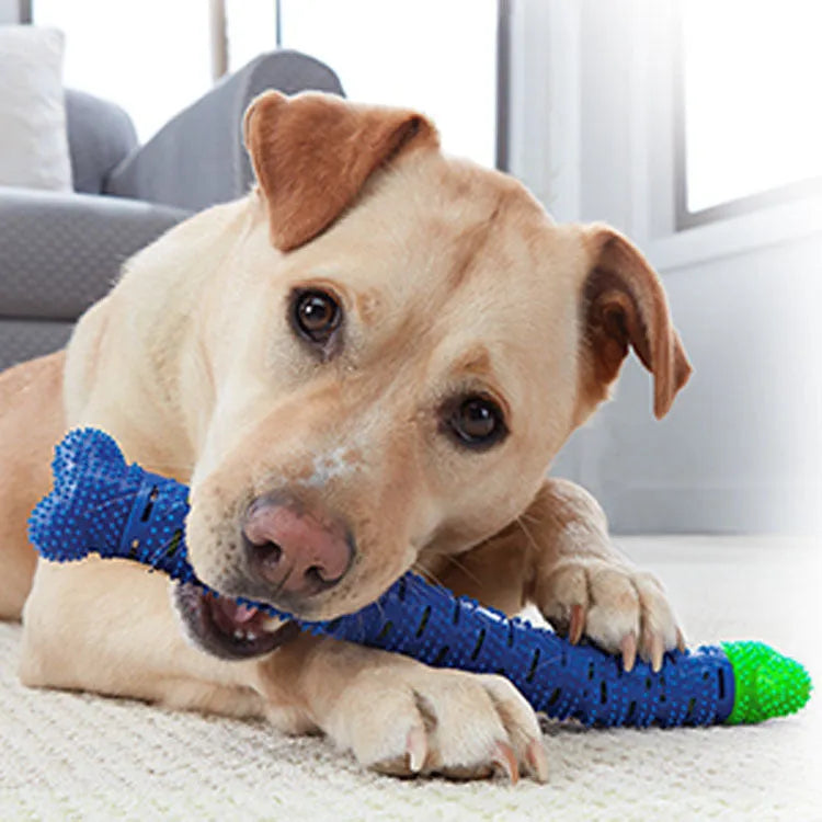 Blue green dog molar cleaning stick with serrated brush head design for dental care