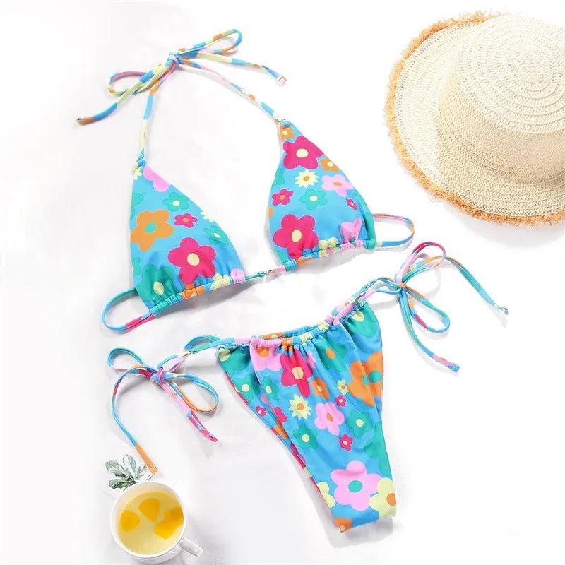 Women's polka dot print split swimsuit bikini with triangle bottom and matching bra