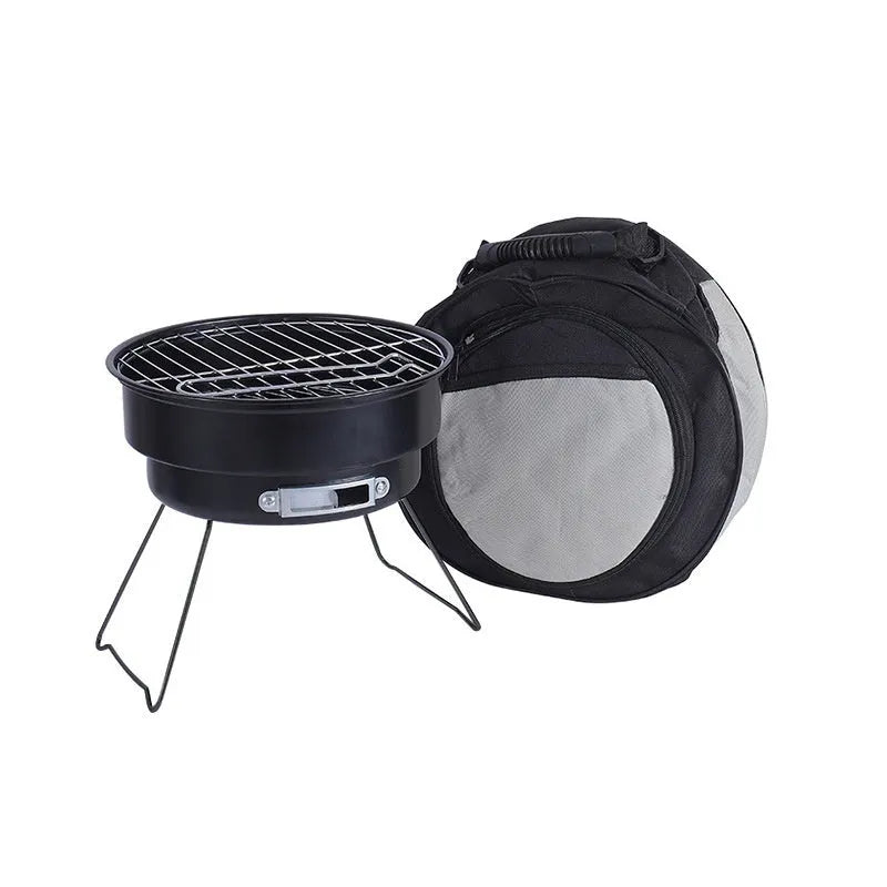 Small round folding ice stove with barbecue grill and detachable legs for camping